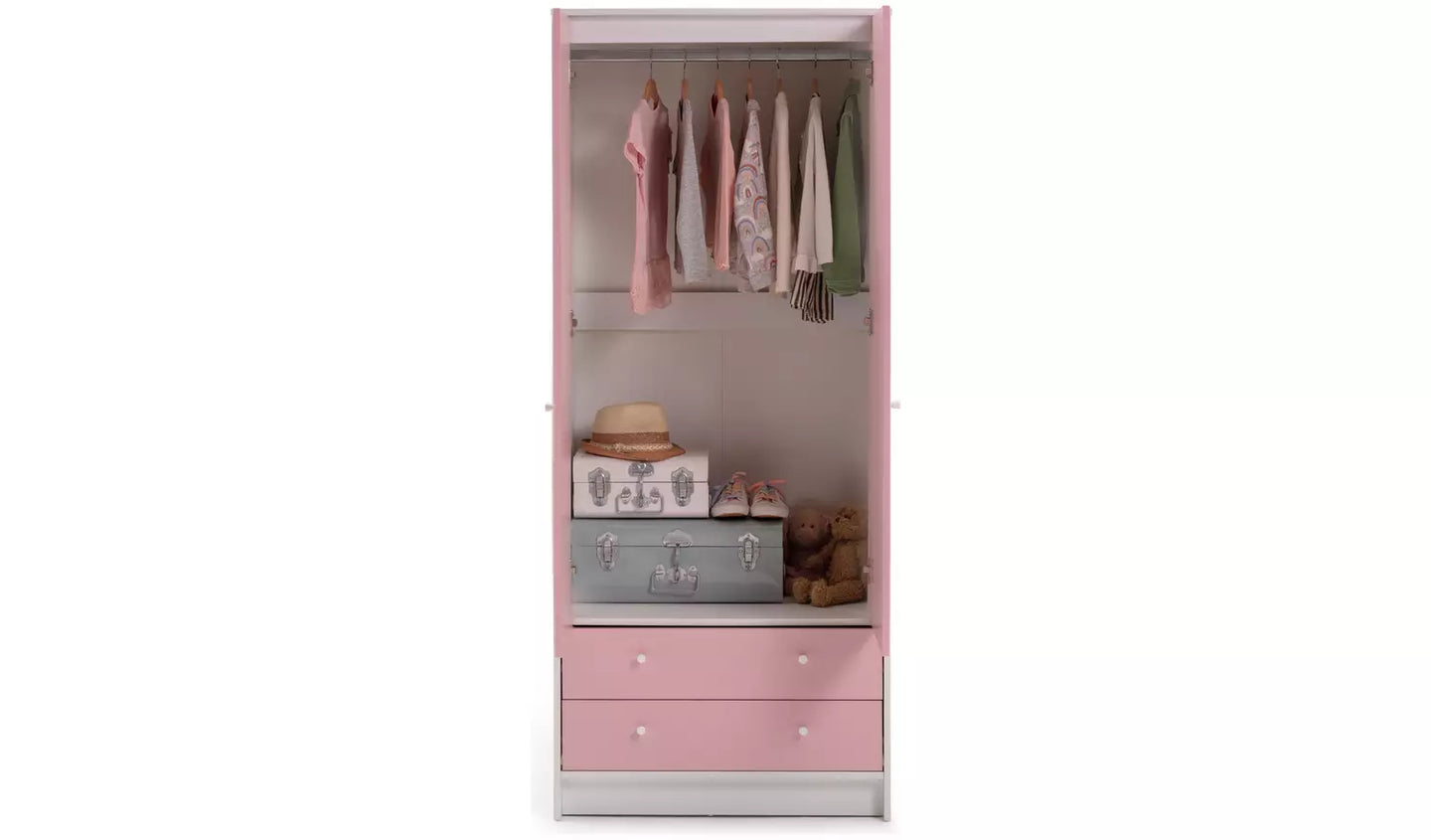 Kids Malibu 2 Door 2 Drawer Wardrobe - Pink & White